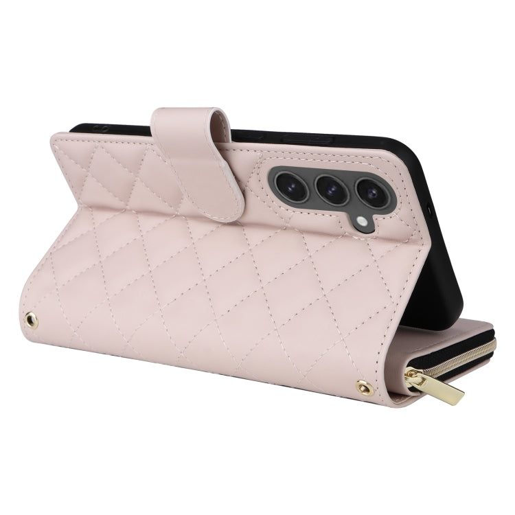For Samsung Galaxy S24 FE 5G Crossbody Rhombic Zipper Tower Buckle Leather Phone Case with Lanyard(Beige)
