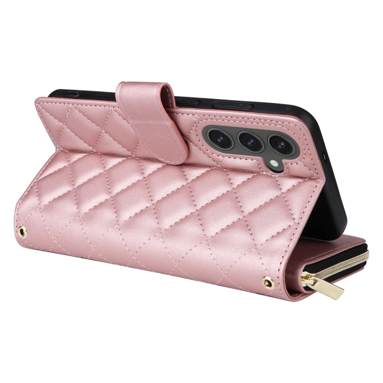 For Samsung Galaxy S24 FE 5G Crossbody Rhombic Zipper Tower Buckle Leather Phone Case with Lanyard(Rose Gold)
