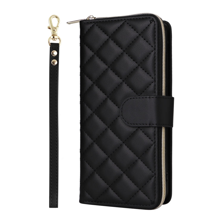 For Samsung Galaxy S24 FE 5G Crossbody Rhombic Zipper Tower Buckle Leather Phone Case with Lanyard(Black)