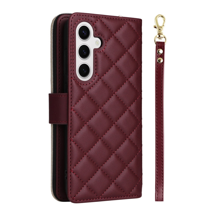 For Samsung Galaxy S25 5G Crossbody Rhombic Zipper Tower Buckle Leather Phone Case with Lanyard(Wine Red)