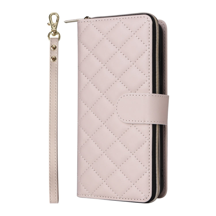 For Samsung Galaxy S25+ 5G Crossbody Rhombic Zipper Tower Buckle Leather Phone Case with Lanyard(Beige)