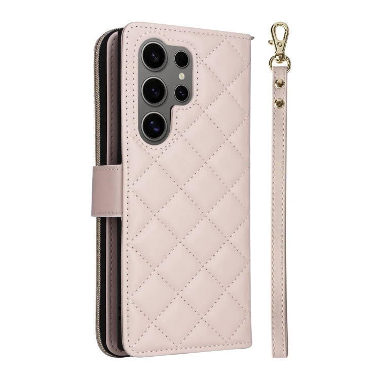 For Samsung Galaxy S25 Ultra 5G Crossbody Rhombic Zipper Tower Buckle Leather Phone Case with Lanyard(Beige)