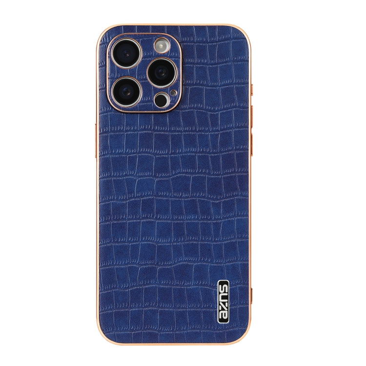 For iPhone 16 Pro Max AZNS Electroplated Frame Crocodile Texture Full Coverage Phone Case(Blue)