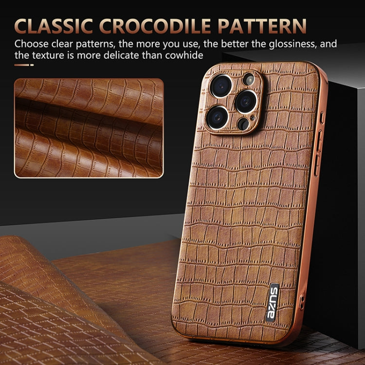 For iPhone 16 Pro Max AZNS Electroplated Frame Crocodile Texture Full Coverage Phone Case(Blue)