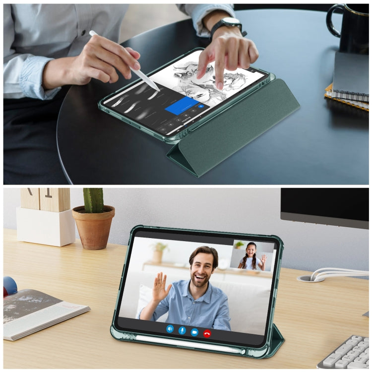 For iPad Pro 11 2024 Tri-fold Holder TPU Cover Frosted Leather Smart Tablet Case withh Pen Slot(Dark Green)