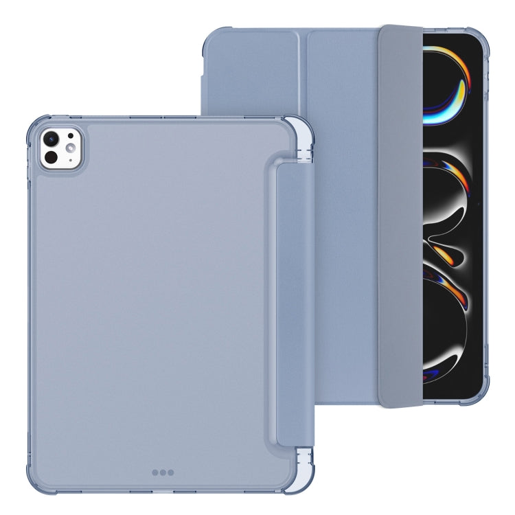 For iPad Pro 11 2024 Tri-fold Holder TPU Cover Frosted Leather Smart Tablet Case withh Pen Slot(Purple)
