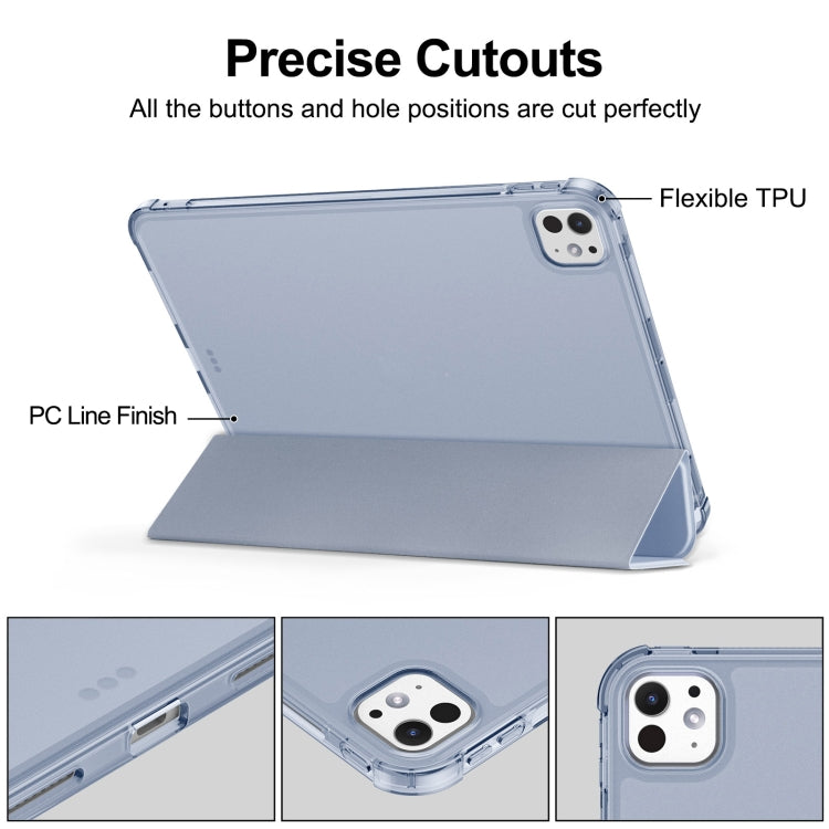 For iPad Pro 11 2024 Tri-fold Holder TPU Cover Frosted Leather Smart Tablet Case withh Pen Slot(Purple)