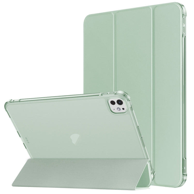 For iPad Pro 11 2024 Tri-fold Holder TPU Cover Frosted Leather Smart Tablet Case withh Pen Slot(Matcha Green)