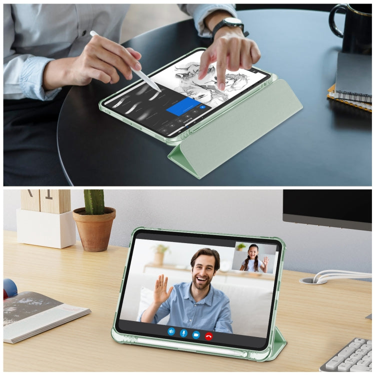For iPad Pro 11 2024 Tri-fold Holder TPU Cover Frosted Leather Smart Tablet Case withh Pen Slot(Matcha Green)