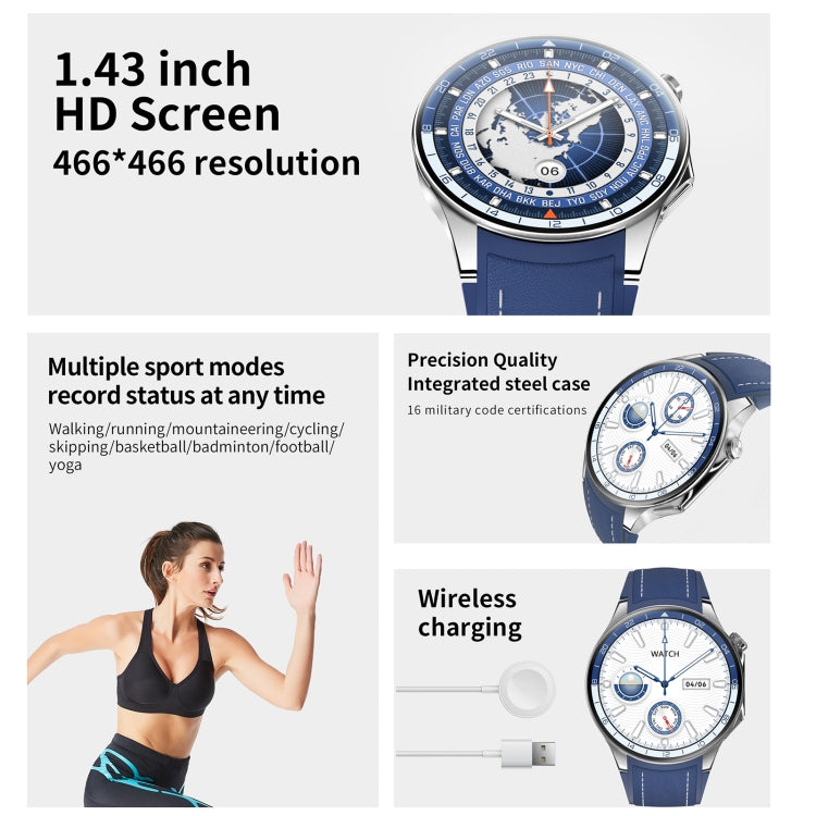 HD Watch X 1.43 inch IP68 BT5.3 Sport Smart Watch, Support Bluetooth Call / Sleep / Blood Oxygen / Heart Rate / Blood Pressure Health Monitor(Black Leather + Black Silicone Strap)