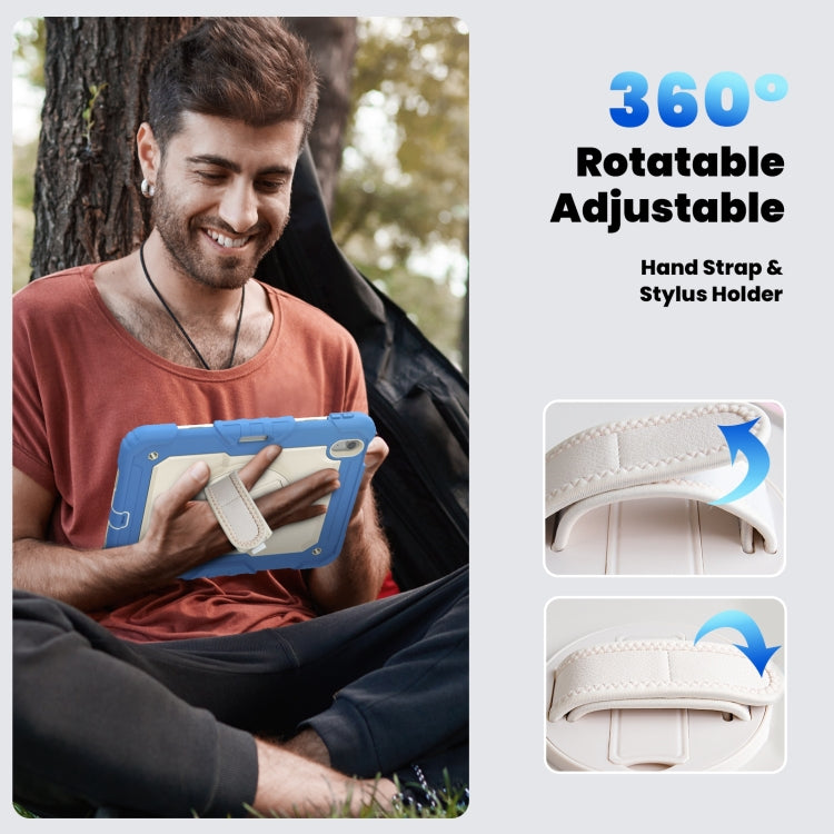 For iPad Air 11 2025 / 2024 Turntable Holder Silicone Hybrid PC Tablet Case with Shoulder Strap(Beige + Cyan-blue)