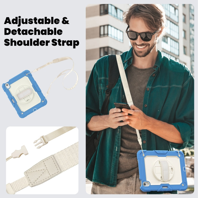 For iPad Air 11 2025 / 2024 Turntable Holder Silicone Hybrid PC Tablet Case with Shoulder Strap(Beige + Cyan-blue)