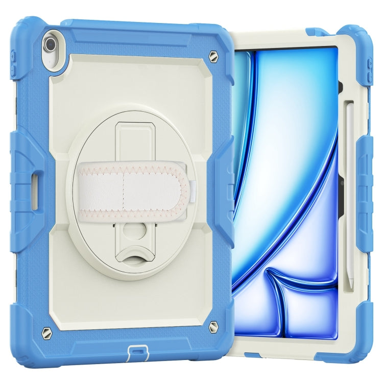 For iPad Air 13 2025 / 2024 Turntable Holder Silicone Hybrid PC Tablet Case with Shoulder Strap(Beige + Cyan-blue)