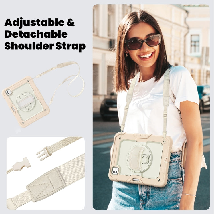 For iPad Pro 11 2024 Silicone Hybrid PC Tablet Case with Shoulder Strap(Beige + Rose Gold)