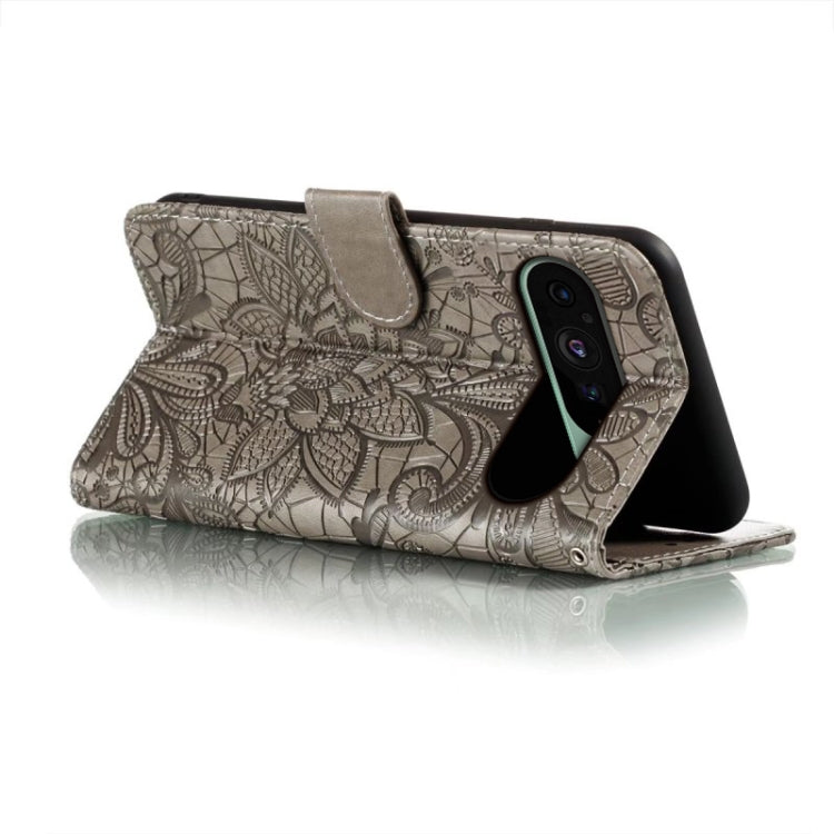 For Google Pixel 9 Lace Flower Embossing Flip Leather Phone Case(Grey) - Google Cases by PMC TechLife | Online Shopping South Africa | PMC TechLife | Buy Now Pay Later Mobicred