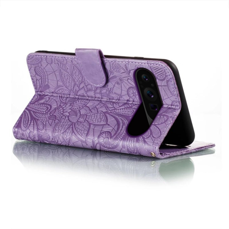 For Google Pixel 9 Pro Lace Flower Embossing Flip Leather Phone Case(Purple) - Google Cases by PMC TechLife | Online Shopping South Africa | PMC TechLife | Buy Now Pay Later Mobicred