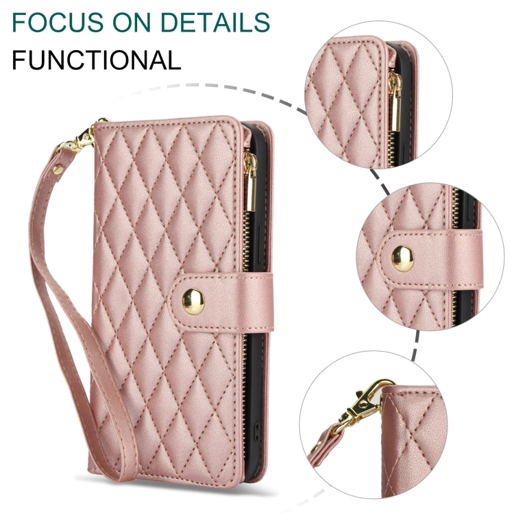 For Samsung Galaxy S24 Ultra 5G YM016 Rhombic Zipper Card Wallet Leather Phone Case with Lanyard(Rose Gold)