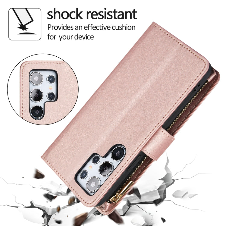 For Samsung Galaxy S24 Ultra 5G YM016 Rhombic Zipper Card Wallet Leather Phone Case with Lanyard(Rose Gold)