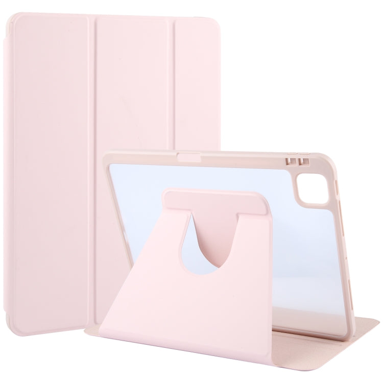 For iPad Pro 12.9 2022 / 2021 / 2020 GEBEI Acrylic TPU 3-folding Rotating Smart Tablet Leather Case withh Pen Slot(Pink)