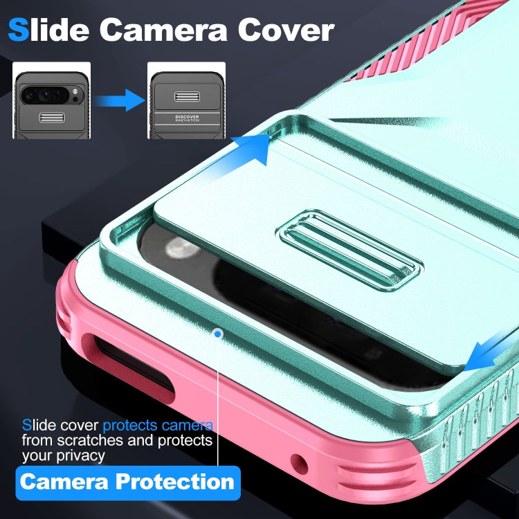 For Google Pixel 9 Pro XL Sliding Camshield Phone Case(Grey Green + Pink) - Google Cases by PMC TechLife | Online Shopping South Africa | PMC TechLife | Buy Now Pay Later Mobicred