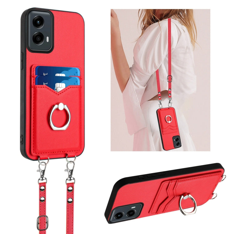 For Motorola Moto G 5G 2024 R20 Crossbody Rope Ring Card Holder Phone Case(Red)