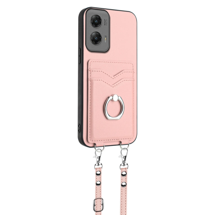 For Motorola Moto G Stylus 5G 2024 R20 Crossbody Rope Ring Card Holder Phone Case(Pink)