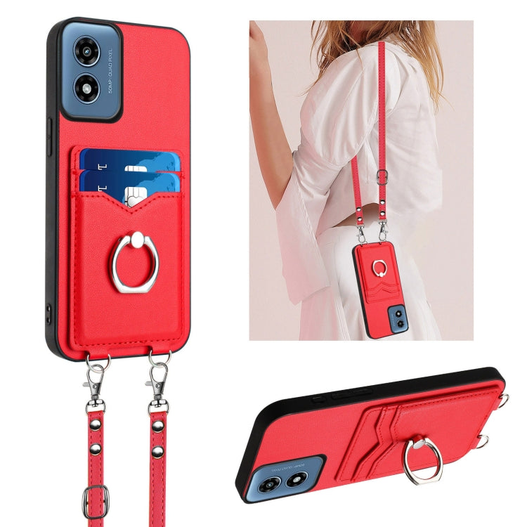 For Motorola Moto G Play 2024 4G R20 Crossbody Rope Ring Card Holder Phone Case(Red)