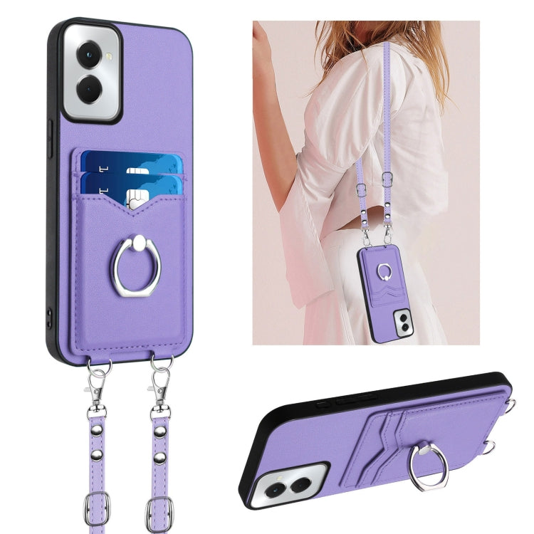 For Motorola Moto G Power 5G 2024 R20 Crossbody Rope Ring Card Holder Phone Case(Purple)