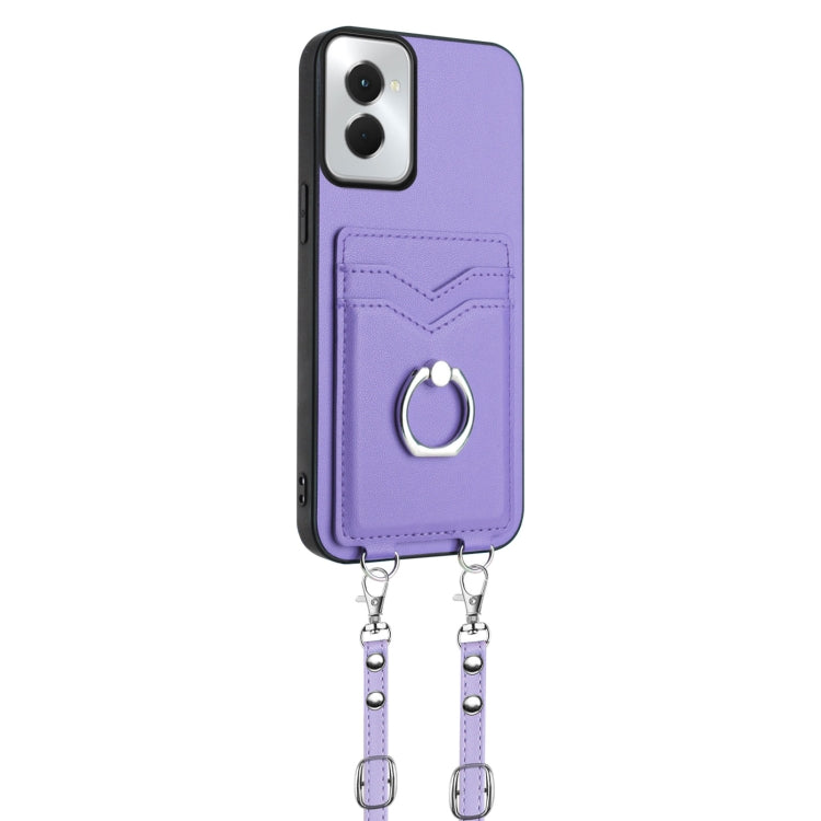 For Motorola Moto G Power 5G 2024 R20 Crossbody Rope Ring Card Holder Phone Case(Purple)