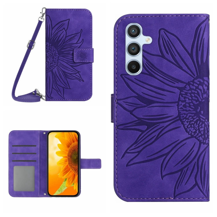 For Samsung Galaxy S25+ 5G Skin Feel Sun Flower Embossed Flip Leather Phone Case with Lanyard(Dark Purple)