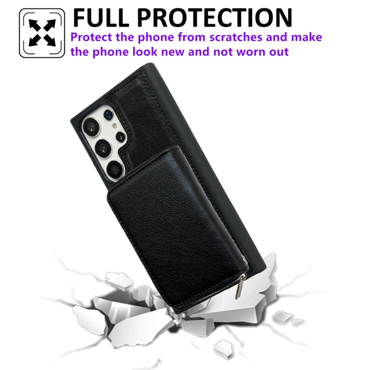 For Samsung Galaxy S24 Ultra 5G Solid Color Zipper 11-Card Slots Bag Phone Case with Lanyard(Black)