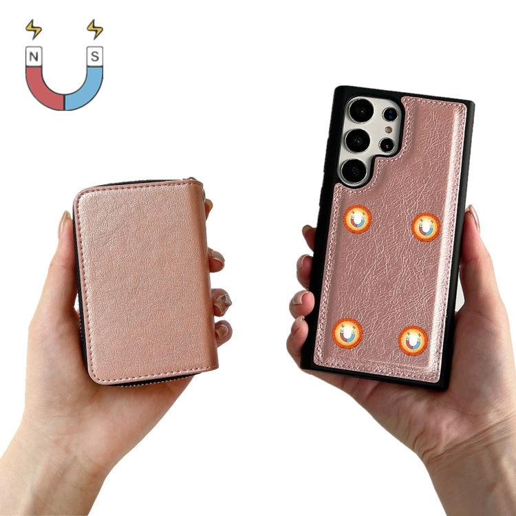 For Samsung Galaxy S24 Ultra 5G Solid Color Zipper 11-Card Slots Bag Phone Case with Lanyard(Rose Gold)