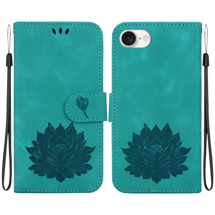 For iPhone 16e Lotus Embossed Leather Phone Case(Green)
