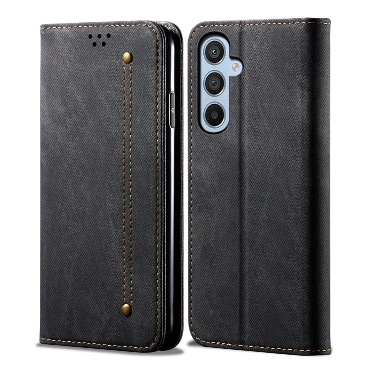 For Samsung Galaxy S25+ 5G Denim Texture Casual Style Horizontal Flip Leather Case(Black)