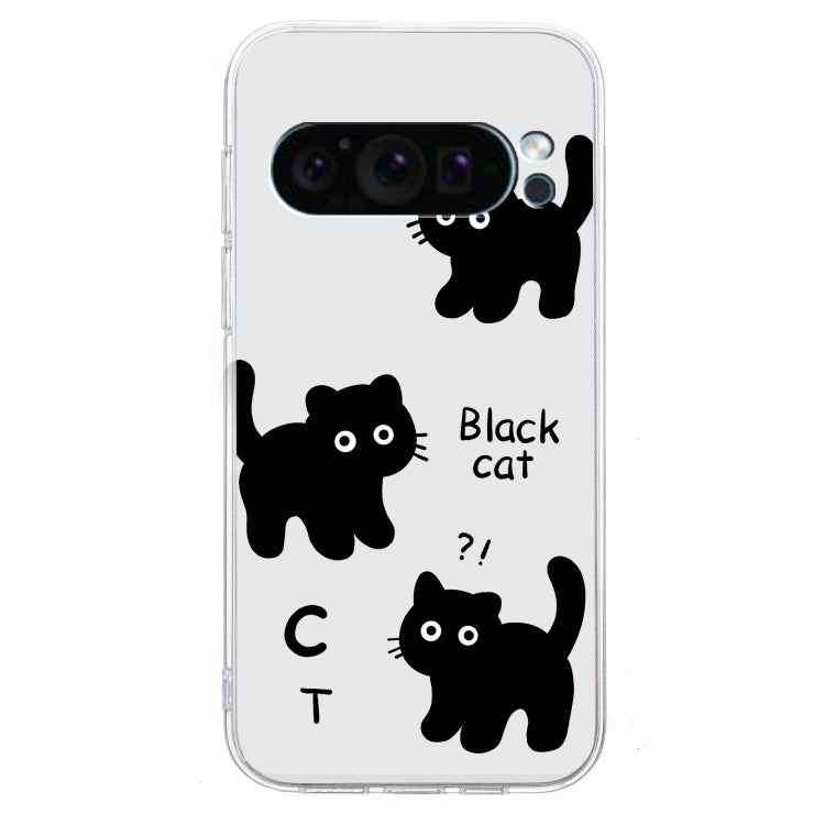 For Google Pixel 9 Colored Drawing Pattern Transparent TPU Phone Case(Black Cat)