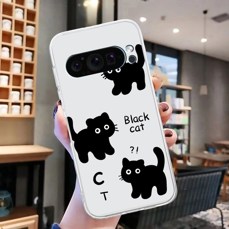 For Google Pixel 9 Pro Colored Drawing Pattern Transparent TPU Phone Case(Black Cat)