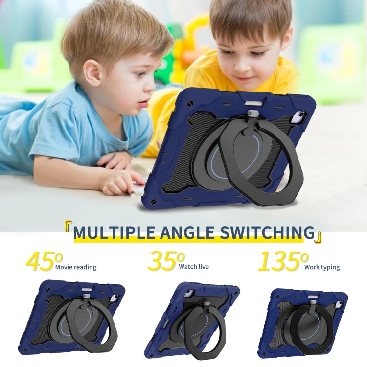 For iPad Air 13 2024 / 2025 Armor Portable Rotating Ring Holder Silicone Tablet Case with Pen Slot(Navy Blue)