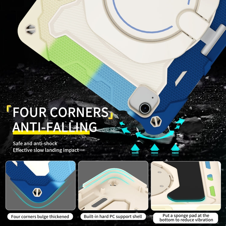 For iPad Air 11 2024 Armor Portable Rotating Ring Holder Silicone Tablet Case with Pen Slot(Colorful Blue)