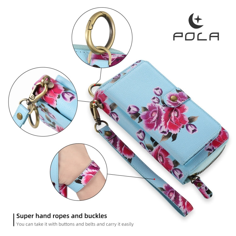 For Samsung Galaxy S24 Ultra 5G POLA Flower Multi-functional Zipper Wallet Leather Phone Case(Sky Blue)