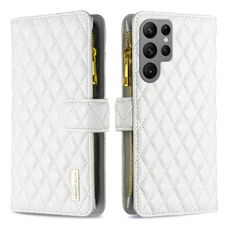 For Samsung Galaxy S25 Ultra 5G Diamond Lattice Zipper Wallet Leather Flip Phone Case(White)