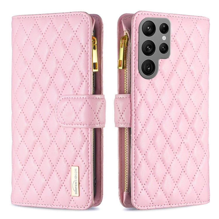 For Samsung Galaxy S25 Ultra 5G Diamond Lattice Zipper Wallet Leather Flip Phone Case(Pink)