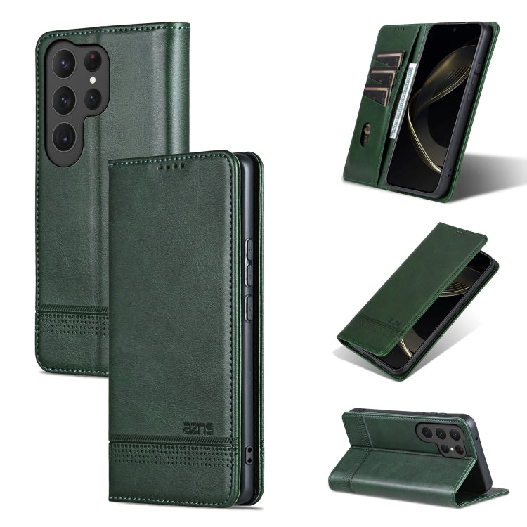 For Samsung Galaxy S25 Ultra 5G AZNS Magnetic Calf Texture Flip Leather Phone Case(Dark Green)