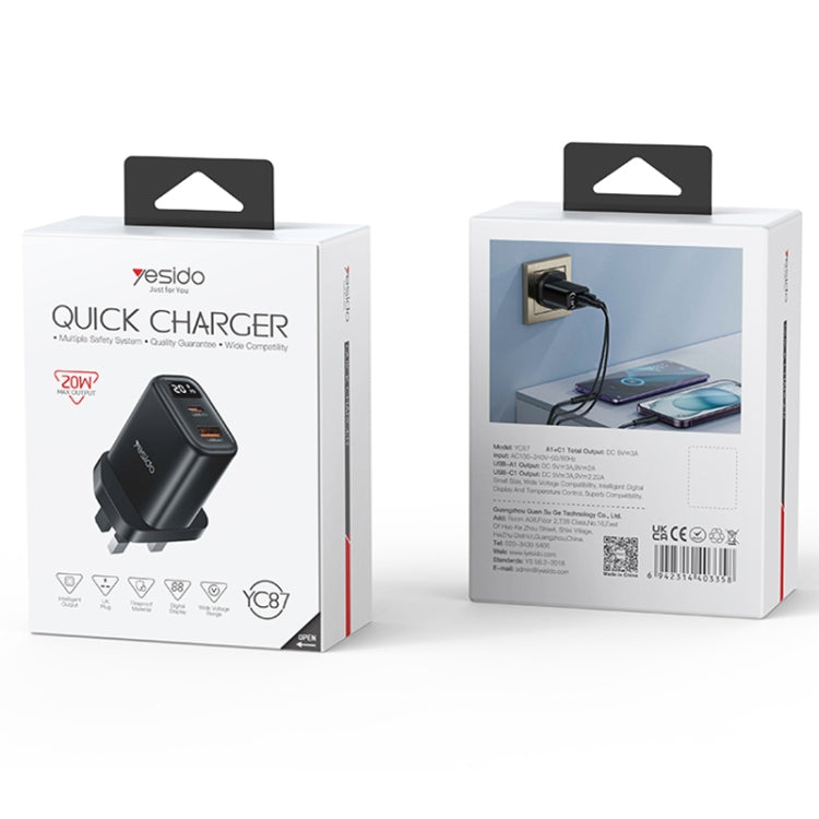 Yesido YC87 PD 20W USB-C / Type-C + USB Digital Display Charger, Specification:UK Plug(Black)