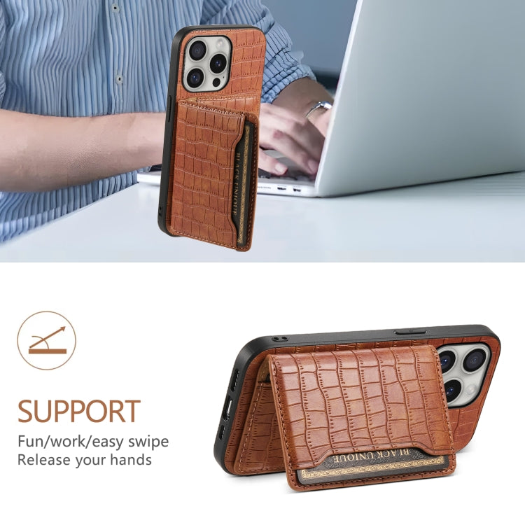 For iPhone 16 Pro Max Crocodile Texture Card Bag Design Full Coverage Phone Case(Brown) - iPhone 16 Pro Max Cases by PMC TechLife | Online Shopping South Africa | PMC TechLife | Buy Now Pay Later Mobicred