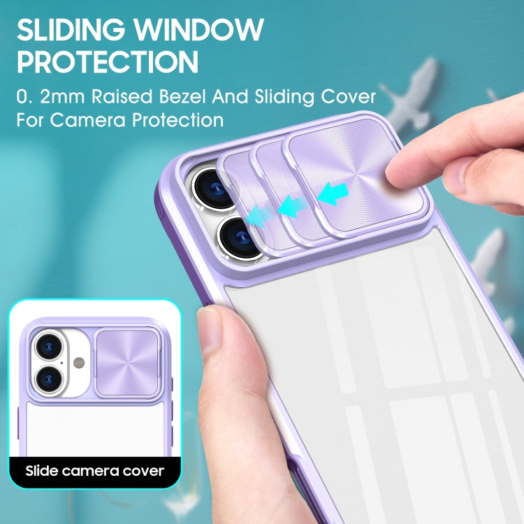 For iPhone 16 Sliding Camshield Acrylic Hybrid TPU Phone Case(Purple)