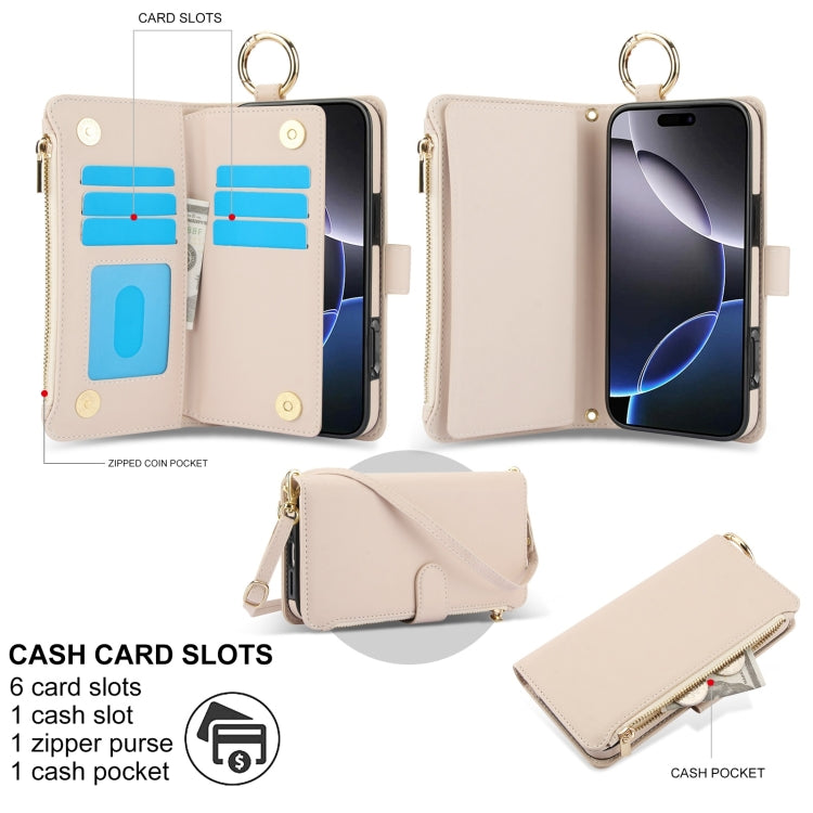 For iPhone 16 Pro Max Crossbody Ring Multifunctional Wallet Leather Phone Case(White)