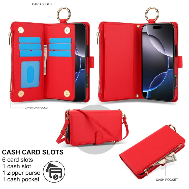For iPhone 16 Pro Max Crossbody Ring Multifunctional Wallet Leather Phone Case(Red)