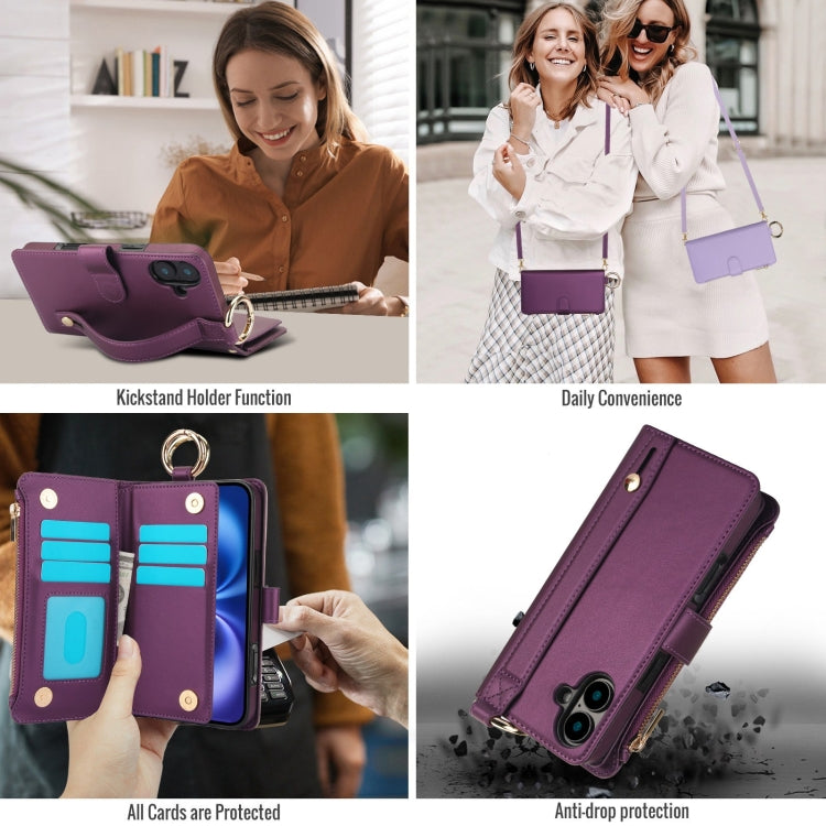 For iPhone 16 Crossbody Ring Multifunctional Wallet Leather Phone Case(Dark Purple)