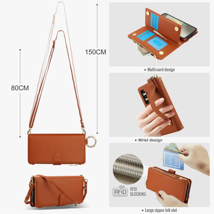 For Samsung Galaxy S24+ 5G Crossbody Ring Multifunctional Wallet Leather Phone Case(Brown)