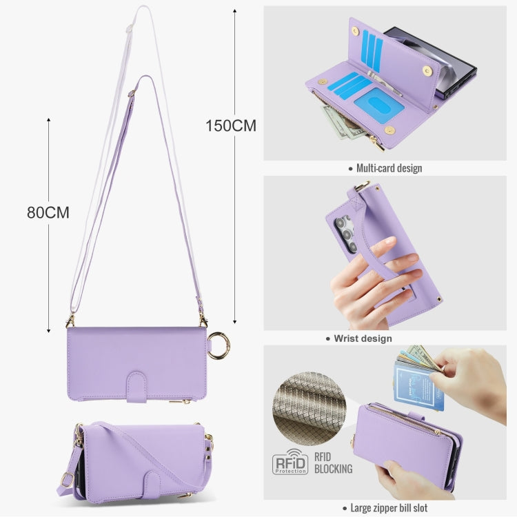 For Samsung Galaxy S24 Ultra 5G Crossbody Ring Multifunctional Wallet Leather Phone Case(Purple)